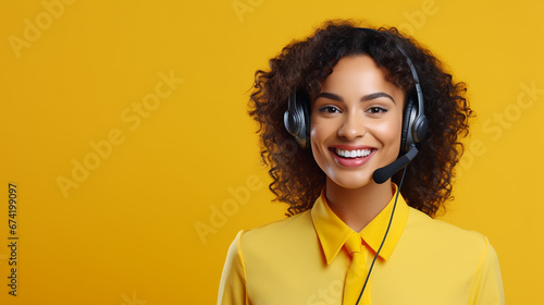 Kundenbetreuerin mit Headset gelber Hintergrund photo
