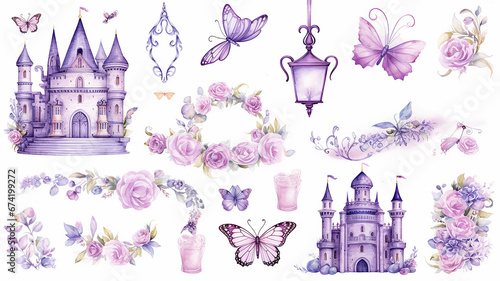 set collection of purple delicate accessories of a fairy princess watercolor drawing isolated on a white background  soft lavender color photo