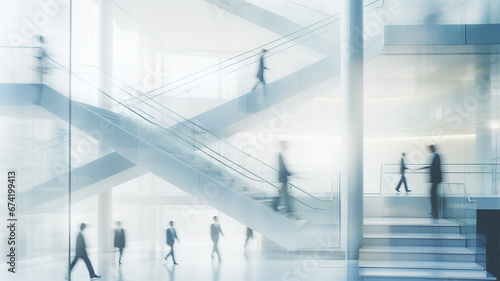 group of silhouettes of people blurred in motion on a white background of a business center, a corporate light background, a modern abstract interior of an office hall with a ladder
