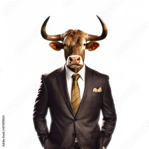 ox head suit, animal costume,stylish classic suit, animal head, white background