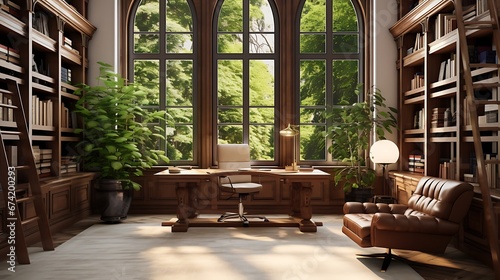 Interior Design, a perspective of of a study room with mahogany walls and a large desk of walnut wood, large windows with natural light, Light colors, plants, modern furniture, classical interior desi photo