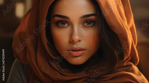 Arabic girl face hijab brown eyes photorealistic