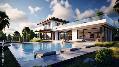 Modern villa with stunning views, gray villa with partly cloudy sky, and a beautiful luxurious garden, picture size © Alin