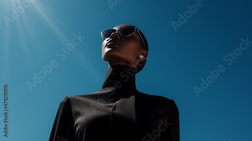 cinematic production still of a black editorial model posing with experimental fashion against perfect solid blue sky photo