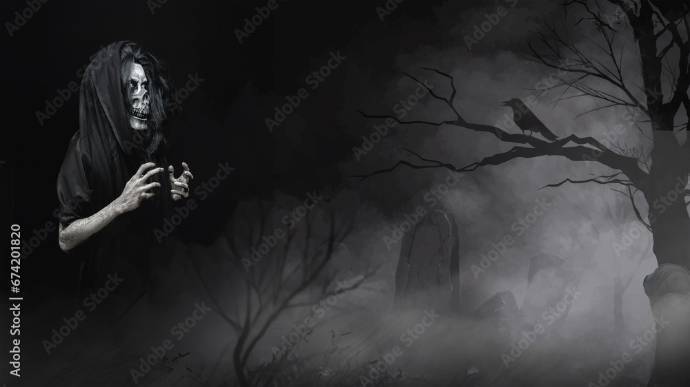 grim reaper lurking in a misty graveyard under a moonlit night grim reaper lurking in a misty graveyard under a moonlit night