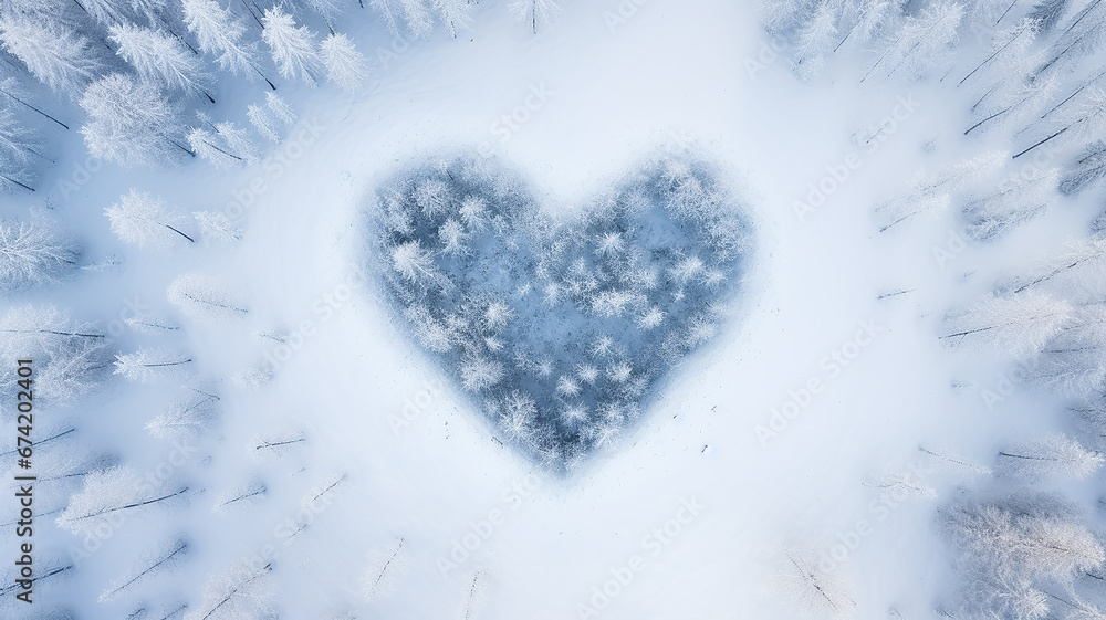 heart shape in winter forest, landscape view from drone aero panorama