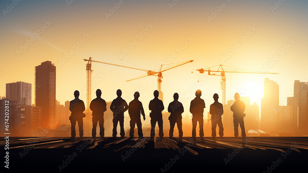 group of builders silhouette of workers on a construction site, standing in a row against a sunset background, with a copy space - obrazy, fototapety, plakaty 