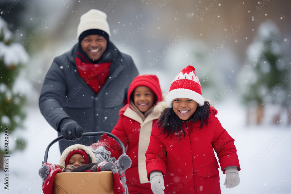 An African American family has fun together outdoors, pushing a baby in a stroller during the first snowfall in a snowy park, celebrating the arrival of winter.
