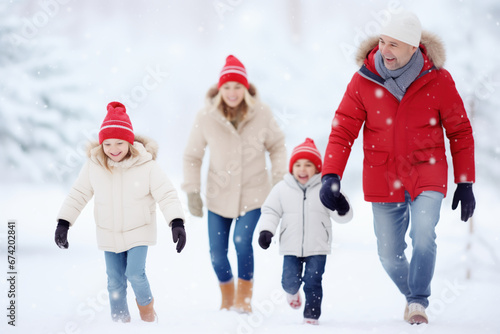 A couple enjoys their two children running outdoors in a snowy park, celebrating the arrival of the winter season and the first snowfalls.