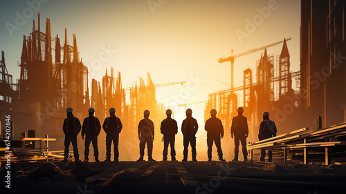 group of builders silhouette of workers on a construction site, standing in a row against a sunset background, with a copy space photo