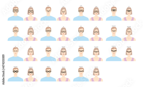 Set of Sport frame glasses on women and men flat character fashion accessory illustration. Sunglass front view unisex silhouette style, spectacles eyeglasses with lens sketch style outline isolated