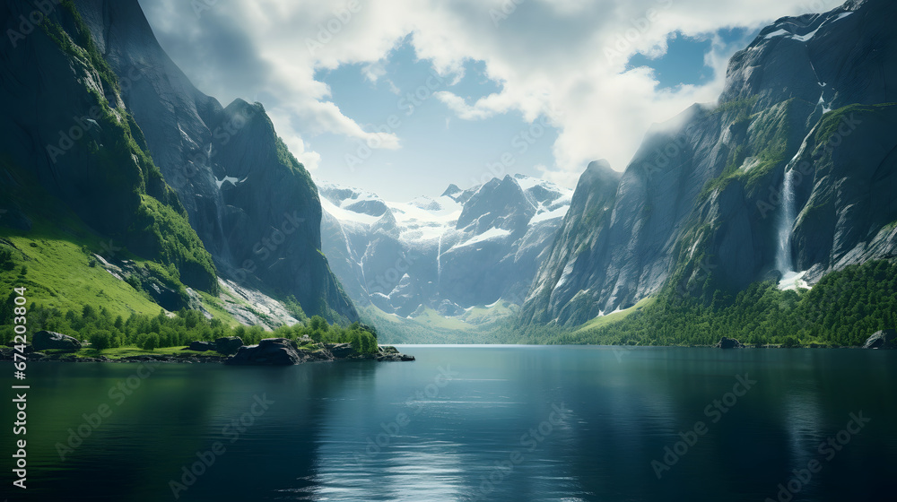 Majestic fjord surrounded by towering cliffs, its calm waters reflecting the breathtaking scenery in perfect harmony. Ai Generated.NO.04 Majestic fjord surrounded by towering cliffs, its calm waters reflecting the breathtaking scenery in perfect harmony. Ai Generated.NO.04