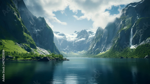 Majestic fjord surrounded by towering cliffs, its calm waters reflecting the breathtaking scenery in perfect harmony. Ai Generated.NO.04