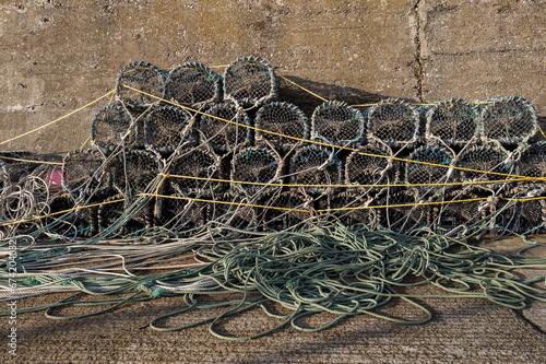 5 November 2023. Findochty, Moray, Scotland. This is Fishing Creels on the Harbour Pier at Findochty. They are used to catch Crabs and Lobsters. photo