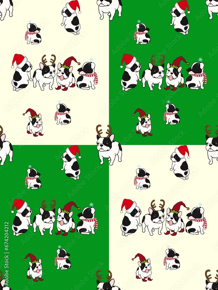 Hand drawn illustrations Cartoon style of French Bulldog breed on two tone background. Collection for Christmas. Design for seamless pattern. Texture for Fabric, Wrapping, Wallpaper, Print, Textile. Hand drawn illustrations Cartoon style of French Bulldog breed on two tone background. Collection for Christmas. Design for seamless pattern. Texture for Fabric, Wrapping, Wallpaper, Print, Textile.