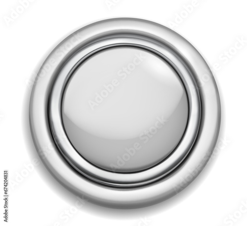 Realistic big white plastic button with shiny metallic and colored borders. With shadow on white background