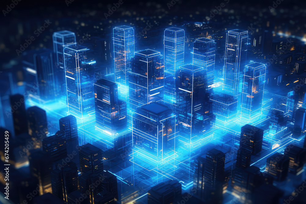 Cityscape on dark blue. fiber optic, speed line, futuristic background.  internet network concept. Generative AI.