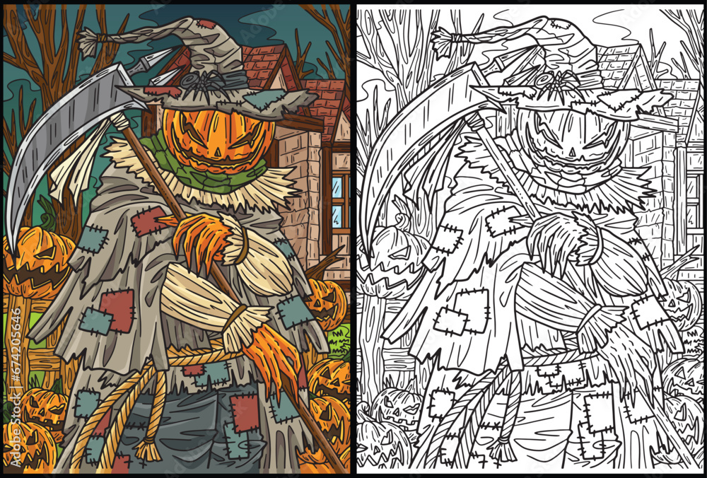 Halloween Scarecrow Scythe Coloring Illustration