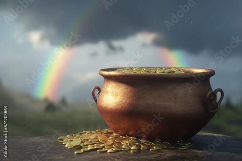 Close Up of a Pot of Gold with a Rainbow in the Background