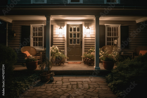 Shot of Lit Front Porch at Night
