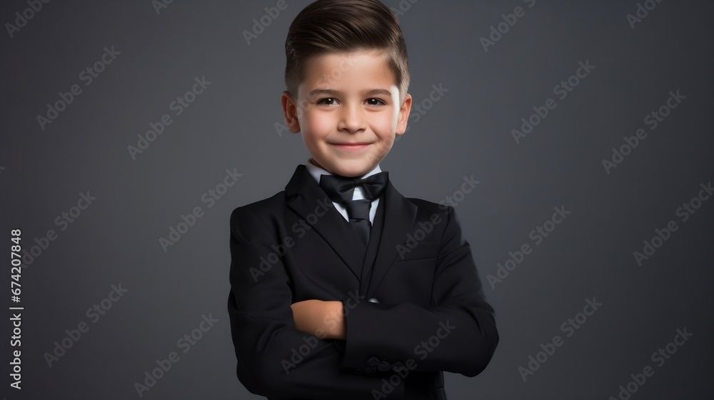 Isolated professional child model in happy mood, Little boy in business attire Isolated professional child model in happy mood, Little boy in business attire