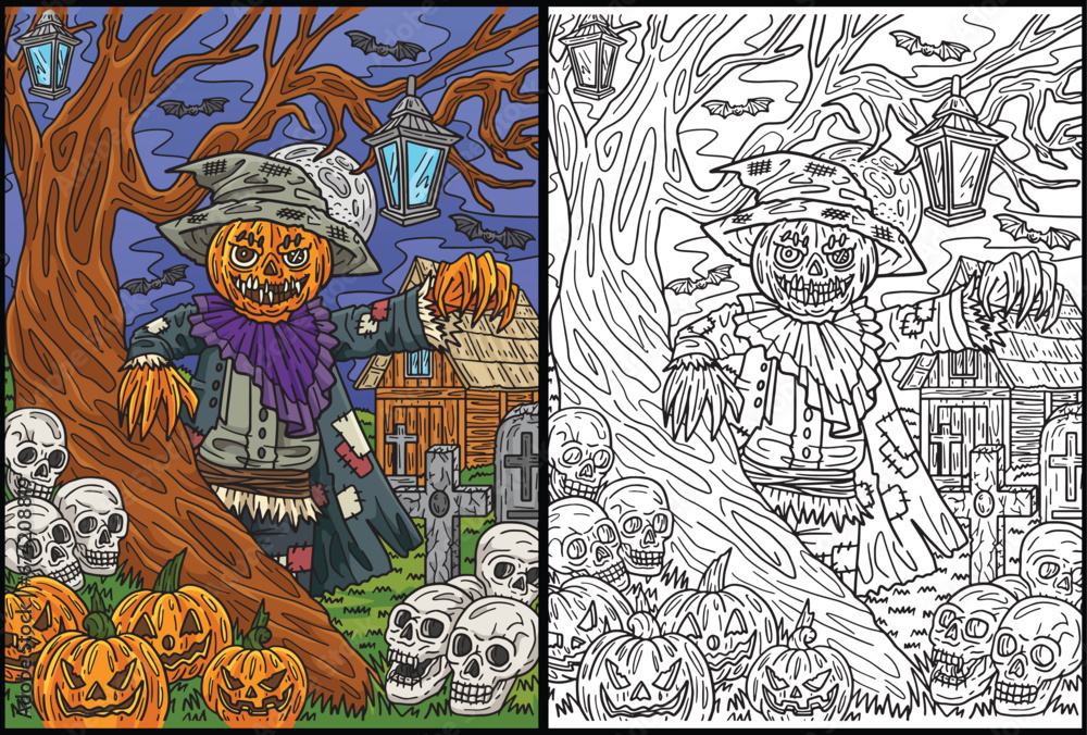 Halloween Scarecrow Standing Coloring Illustration