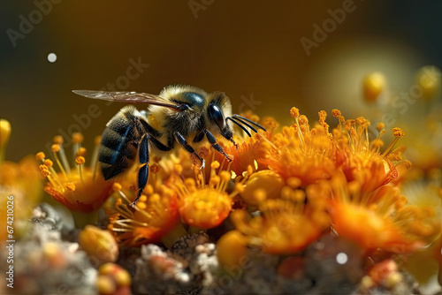 Close Up of a Bee Gathering Pollen from a Yellow Flower © dustbin_designs