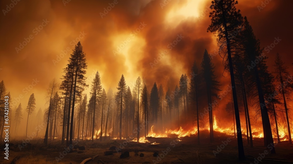 Burning forest, fire and smoke. Human Impact on the Planet's Climate