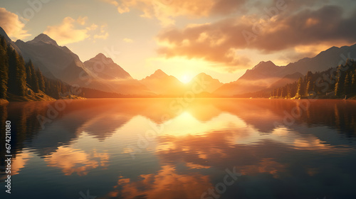Breathtaking sunrise over a tranquil alpine lake, casting a golden glow upon the mirrored surface, creating a moment of pure serenity. Ai Generated.NO.02