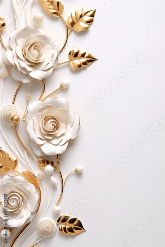 Vertical illustration of white delicate roses with gold colors over white background for copy space