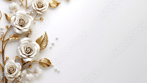 White roses with golden details 3D illustration over white backgorund for copy space. Wedding card concept photo