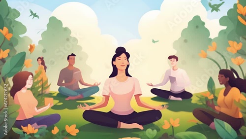 Wallpaper Mural Characters engage in a mindfulness meditation session, surrounded by tranquil nature and focusing on their breaths.  Torontodigital.ca