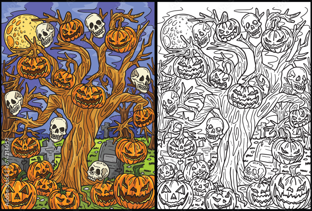 Halloween Haunted Tree Coloring Page Illustration