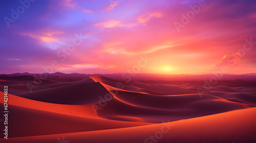 Awe-inspiring desert landscape at dusk, as the setting sun paints the sky in a fiery palette of oranges and purples. Ai Generated.NO.04