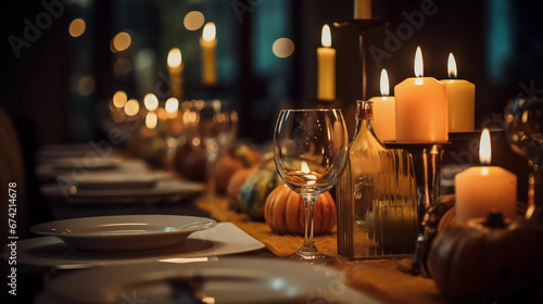 Beautiful restaurant table settings and decorations for Thanksgiving dinner.Fine dining restaurant.