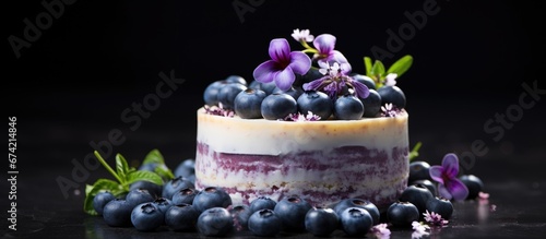 A delightful dessert of bite sized blueberry cheesecake adorned with beautiful blooms
