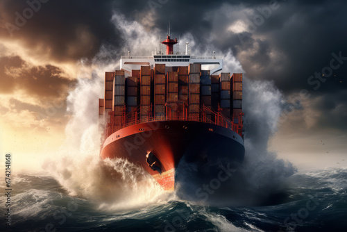 Cargo container ship sailing on a stormy sea. The sea water breaks, but the ship moves forward. Global world export-import trade supports the world economy. Concept of facing difficulties