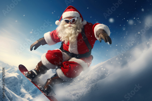 An action shot of Santa Claus snowboarding down a mountain slope, combining the thrill of extreme sports with the magic of Christmas.