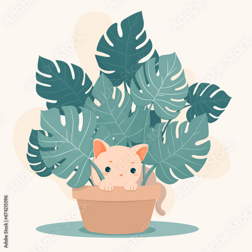 Zabawny kotek ukrywający się w liściach monstery.