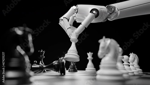 ai Artificial Intelligence,Data Science,Information technology,edge computing.Robotic arm playing chess on chessboard.Advanced technology utilizes complicated algorithms to solve problems for humanity photo
