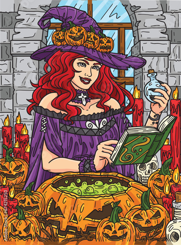 Halloween Witch with a Potion Colored Cartoon 