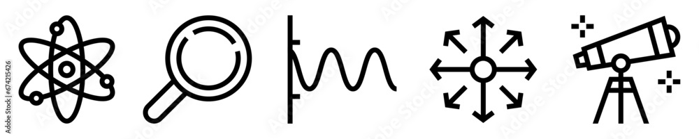 Conjunto de iconos de física. Termodinámica, movimiento, velocidad, fuerza. Átomo, lupa, onda, vector, telescopio. Ilustración vectorial - obrazy, fototapety, plakaty 