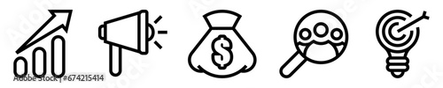 Conjunto de iconos de mercadeo y crecimiento. Gráfico de barras, megáfono, bolsa de dinero, público objetivo, estrategia de marketing. Ilustración vectorial
