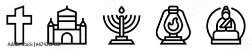 Conjunto de iconos de religiones. Cruz cristiana, mezquita, menorá, lámpara de aceite, buda. Ilustración vectorial