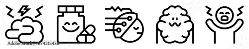 Conjunto de iconos de epilepsia. Trastorno neurológico. cerebro alterado, medicamentos, electroencefalograma, cerebro ansioso, persona epiléptica. Ilustración vectorial