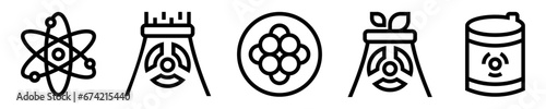 Conjunto de iconos de energía nuclear. Átomo con electrones, reactor nuclear, sostenible, núcleo del átomo, barril contaminado. Ilustración vectorial photo