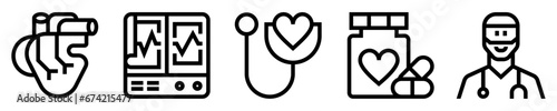 Conjunto de iconos de cardiología. Medicina. Corazón anatómico, electrocardiograma, estetoscopio, medicamentos, médico. Ilustración vectorial