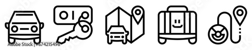 Conjunto de iconos de alquiler de autos. Conducción. Coche en alquiler, llave, mapa, ubicación, maleta de viaje, trayectoria, ruta. Ilustración vectorial