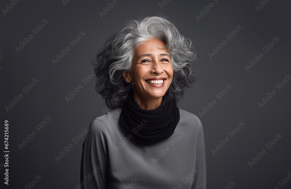 Joyful Image of Stylish Older Hispanic Lady with Gray Hair, Gray Blouse, and Neutral Gray Studio Background – Ideal for Fashion Promotions Joyful Image of Stylish Older Hispanic Lady with Gray Hair, Gray Blouse, and Neutral Gray Studio Background – Ideal for Fashion Promotions
