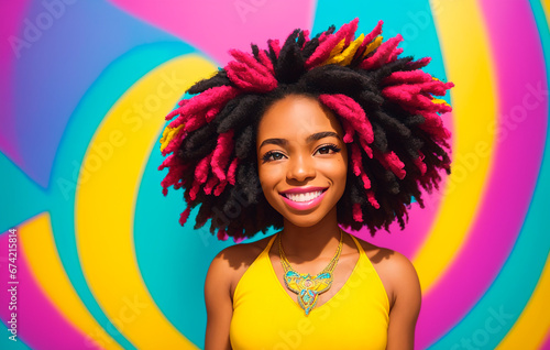 A fashionable African-American girl with multicolored hair.